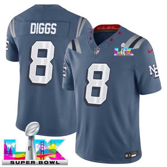 Mens New England Patriots #8 Stefon Diggs Storm Blue 2025 F.U.S.E. Super Bowl LX Patch Rivalries Vapor Limited Stitched Jersey