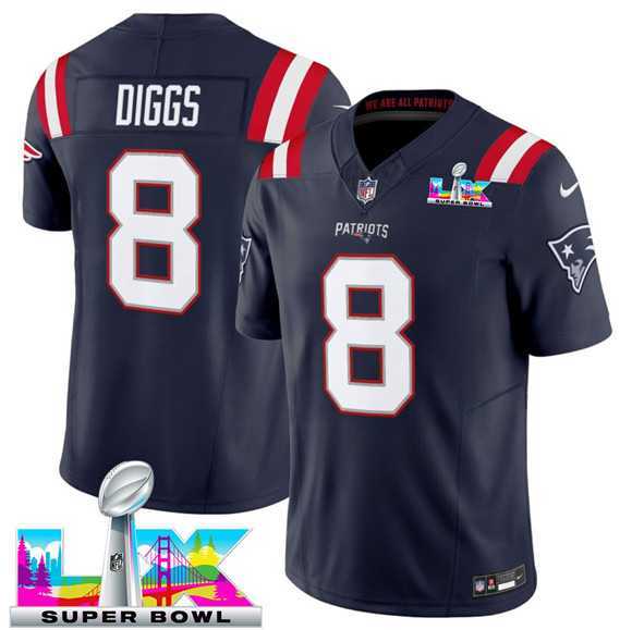 Mens New England Patriots #8 Stefon Diggs Navy 2025 F.U.S.E. Super Bowl LX Patch Vapor Limited Stitched Jersey