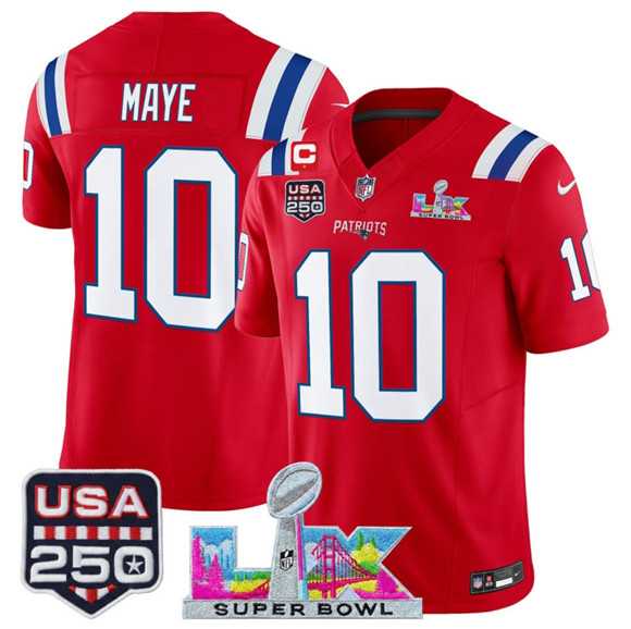 Mens New England Patriots #10 Drake Maye Red 2025 F.U.S.E. 1-Star C Patch And Super Bowl LX Patch & USA 250 Patch Vapor Limited Stitched Jersey
