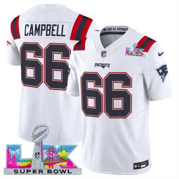 Mens New England Patriots #66 Will Campbell White 2025 F.U.S.E. Super Bowl LX Patch Vapor Limited Stitched Jersey