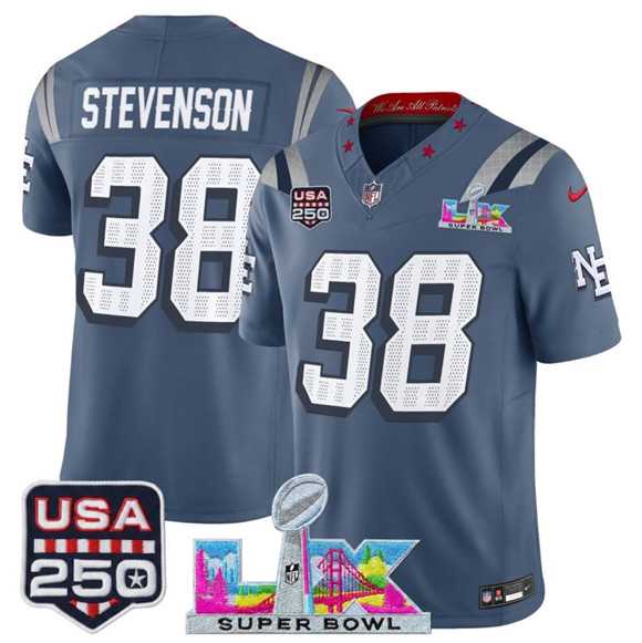 Mens New England Patriots #38 Rhamondre Stevenson Storm Blue 2025 F.U.S.E. Super Bowl LX & USA 250 Patch Rivalries Vapor Limited Stitched Jersey