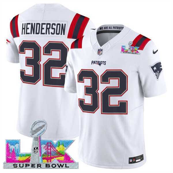 Mens New England Patriots #32 TreVeyon Henderson White 2025 F.U.S.E. Super Bowl LX Patch Vapor Limited Stitched Jersey