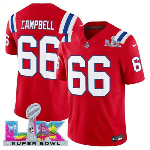 Mens New England Patriots #66 Will Campbell Red 2025 F.U.S.E. Super Bowl LX Patch Vapor Limited Stitched Jersey