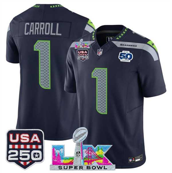 Mens Seattle Seahawks #1 Pete Carroll Navy 2025 F.U.S.E. Super Bowl LX Patch And 50th Season & USA 250 Patch Vapor Limited Stitched Jersey