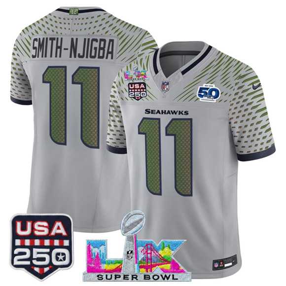 Mens Seattle Seahawks #11 Jaxon Smith-Njigba Gray 2025 F.U.S.E. Super Bowl LX & US 250th anniversary Patch And 50th Season Patch Rivalries Vapor Limited Stitched Jersey