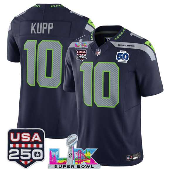 Mens Seattle Seahawks #10 Cooper Kupp Navy 2025 F.U.S.E. Super Bowl LX Patch And 50th Season Patch Vapor Limited Stitched Jersey
