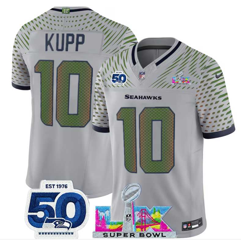 Mens Seattle Seahawks #10 Cooper Kupp Grey 2025 F.U.S.E. Super Bowl LX Patch And 50th Season Patch Rivalries Vapor Limited Stitched Jersey
