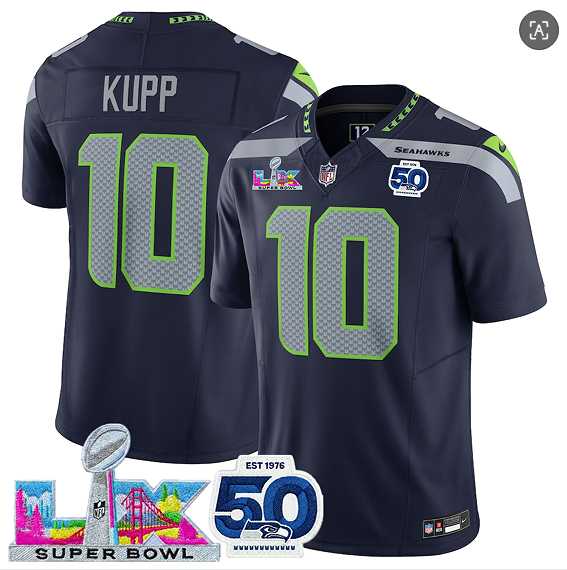 Mens Seattle Seahawks #10 Cooper Kupp Navy 2025 F.U.S.E. Super Bowl LX Patch And 50th Season Vapor Limited Stitched Jersey