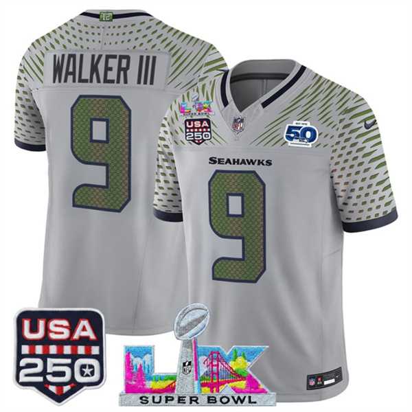 Mens Seattle Seahawks #9 Kenneth Walker III Gray 2025 F.U.S.E. Super Bowl LX & US 250th anniversary Patch And 50th Season Patch Rivalries Vapor Limited Stitched Jersey