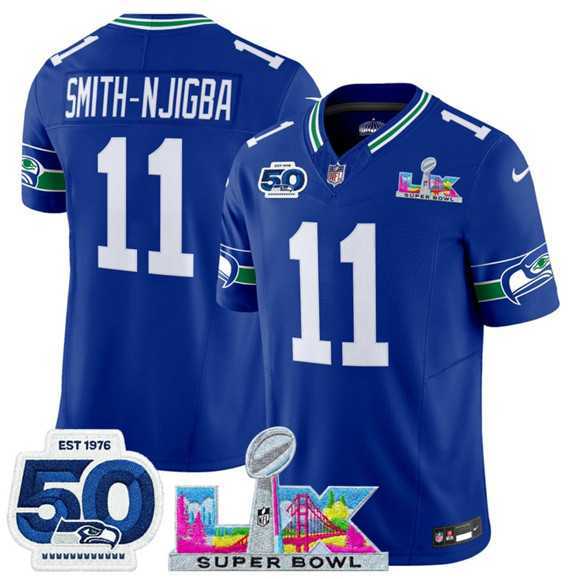 Mens Seattle Seahawks #11 Jaxon Smith-Njigba Royal 2025 F.U.S.E. Super Bowl LX Patch And 50th Season Patch Vapor Throwback Limited Stitched Jersey