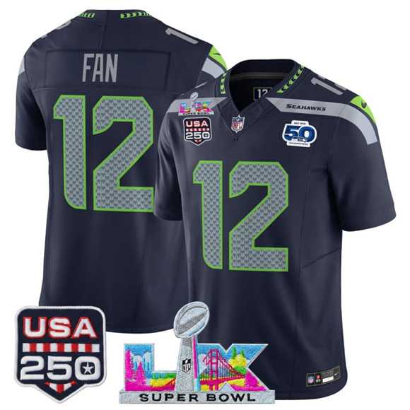 Mens Seattle Seahawks #12 Fan Navy 2025 F.U.S.E. Super Bowl LX Patch And 50th Season Patch Vapor Limited Football Stitched Jersey