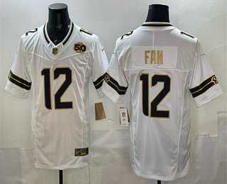 Mens Seattle Seahawks #12 Fan White Gold 2025 FUSE 50th Season Patch Limited Stitched Jersey Dzhi