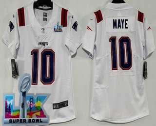 Womens New England Patriots #10 Drake Maye Limited White Super Bowl LX Vapor Jersey
