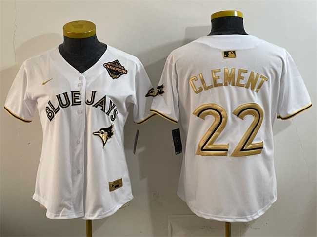 Womens Toronto Blue Jays #22 Ernie Clement White Gold 2025 American League Champions Limited Stitched Jersey Dzhi
