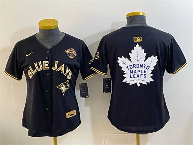 Womens Toronto Blue Jays & Leafs Black Gold 2025 American League Champions With White Leafs Logo Limited Stitched Jersey Dzhi