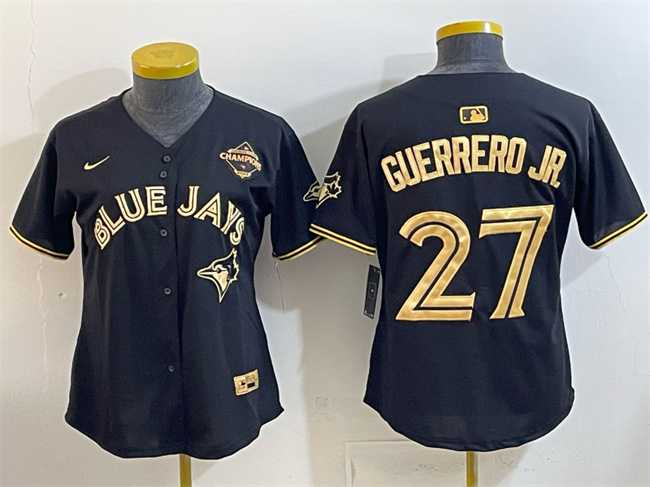 Womens Toronto Blue Jays #27 Vladimir Guerrero Jr. Black Gold 2025 American League Champions Limited Stitched Jersey Dzhi