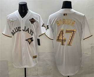 Mens Toronto Blue Jays #47 Addison Barger White Gold 2025 American League Champions Limited Stitched Jersey Dzhi