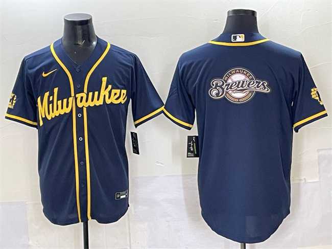 Mens Milwaukee Brewers Team Big Logo Navy 2025 With Patch Stitched Jersey