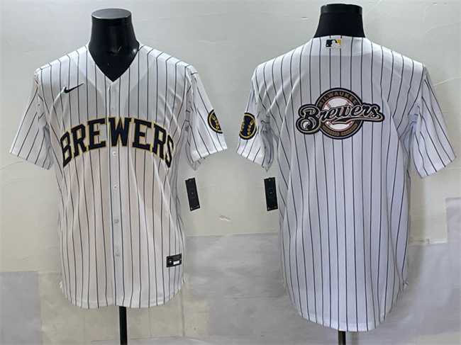 Mens Milwaukee Brewers Team Big Logo White Pinstripe 2025 With Patch Stitched Jersey