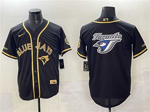 Mens Toronto Blue Jays Team Big Logo Black Gold Cool Base Stitched Jersey