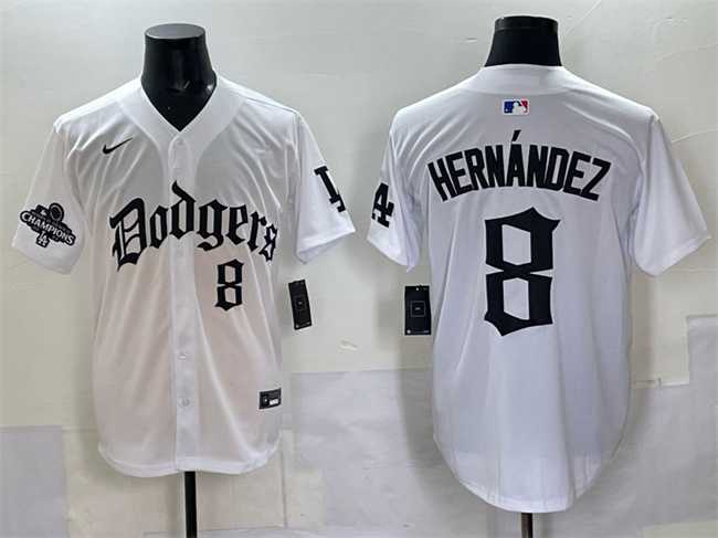 Mens Los Angeles Dodgers #8 Enrique Hernandez White 2025 LA Gothic Style With 2024 World Series Champions Patch Vapor Premier Limited Stitched Jersey