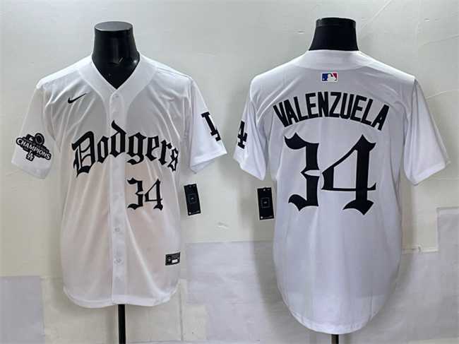 Mens Los Angeles Dodgers #34 Fernando Valenzuela White 2025 LA Gothic Style With 2024 World Series Champions Patch Vapor Premier Limited Stitched Jersey