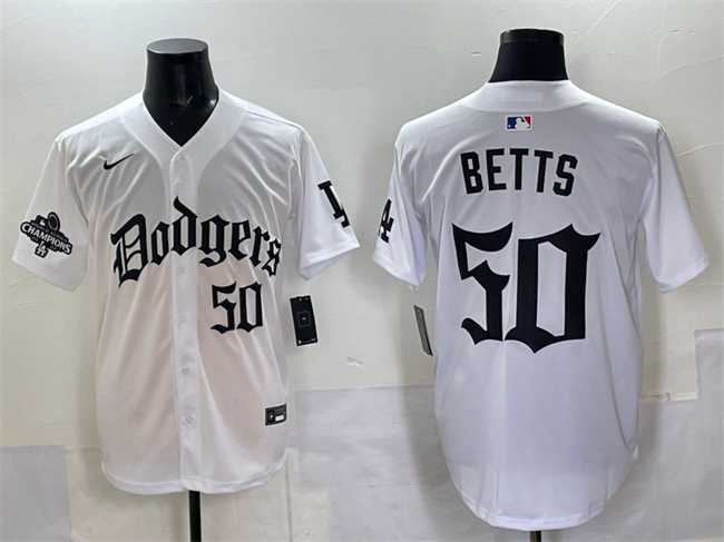 Mens Los Angeles Dodgers #50 Mookie Betts White 2025 LA Gothic Style With 2024 World Series Champions Patch Vapor Premier Limited Stitched Jersey