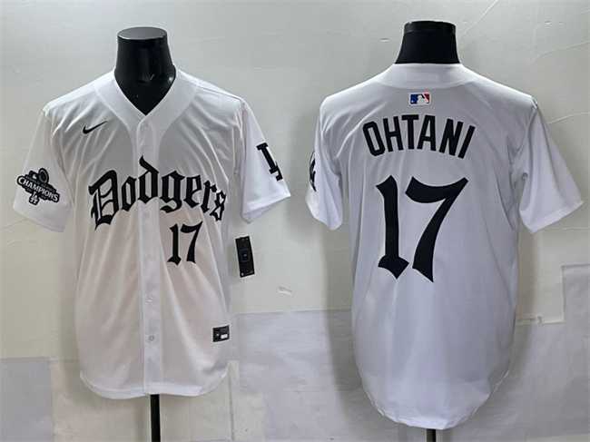 Mens Los Angeles Dodgers #17 Shohei Ohtani White 2025 LA Gothic Style With 2024 World Series Champions Patch Vapor Premier Limited Stitched Jersey