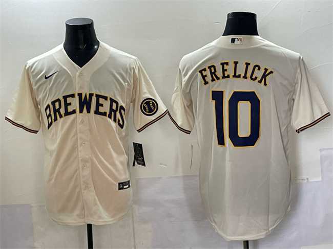 Mens Milwaukee Brewers #10 Sal Frelick Cream Cool Base Stitched Jersey