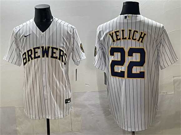 Mens Milwaukee Brewers #22 Christian Yelich White Pinstripe 2025 With Patch Stitched Jersey