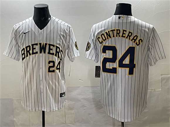 Mens Milwaukee Brewers #24 William Contreras White Pinstripe 2025 With Patch Stitched Stitched Jersey