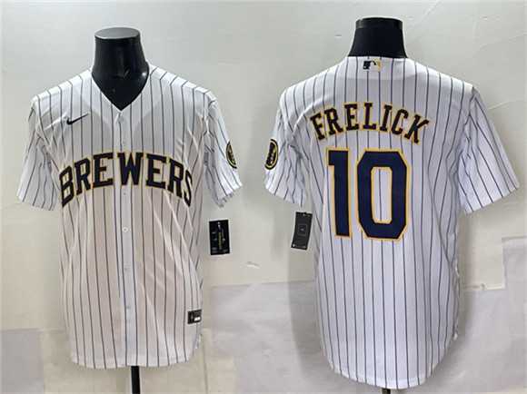 Mens Milwaukee Brewers #10 Sal Frelick White Pinstripe 2025 With Patch Stitched Jersey
