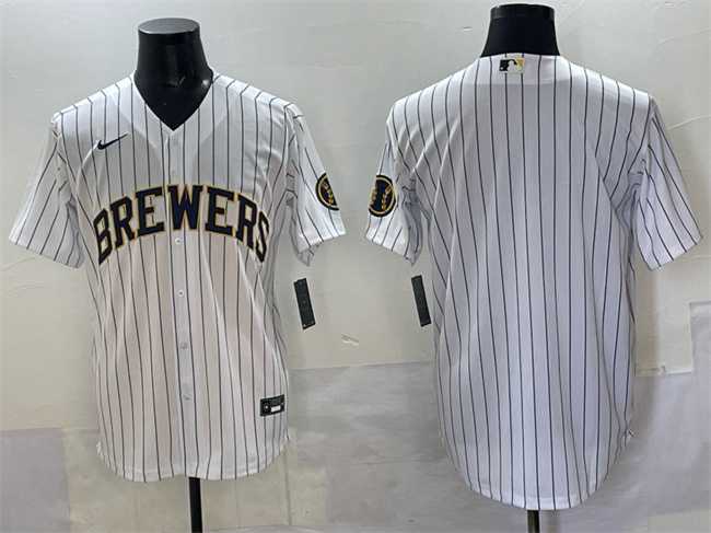 Mens Milwaukee Brewers Blank White Pinstripe 2025 With Patch Stitched Jersey