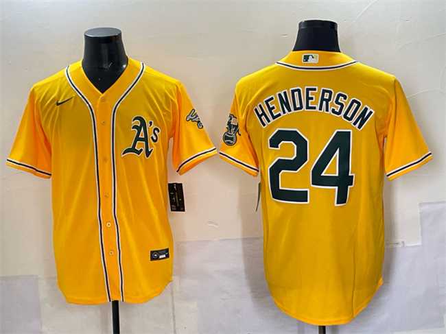 Mens Oakland Athletics #24 Rickey Henderson Yellow With Patch Stitched Jersey