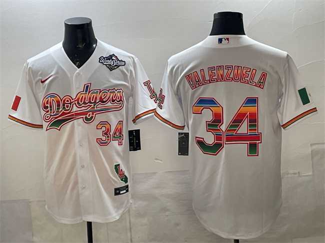 Mens Los Angeles Dodgers #34 Fernando Valenzuela White Mexico California Patch 2025 World Series Patch Stitched Jersey