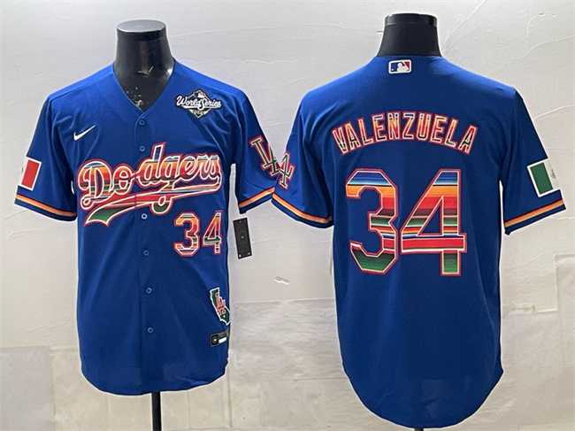 Mens Los Angeles Dodgers #34 Fernando Valenzuela Royal Mexico California Patch 2025 World Series Patch Stitched Jersey