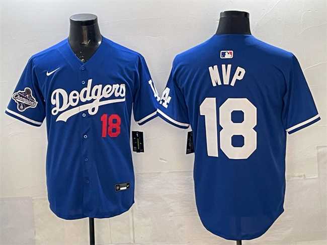 Mens Los Angeles Dodgers #18 MVP Royal 2025 World Series Champions Patch Limited Stitched Jersey