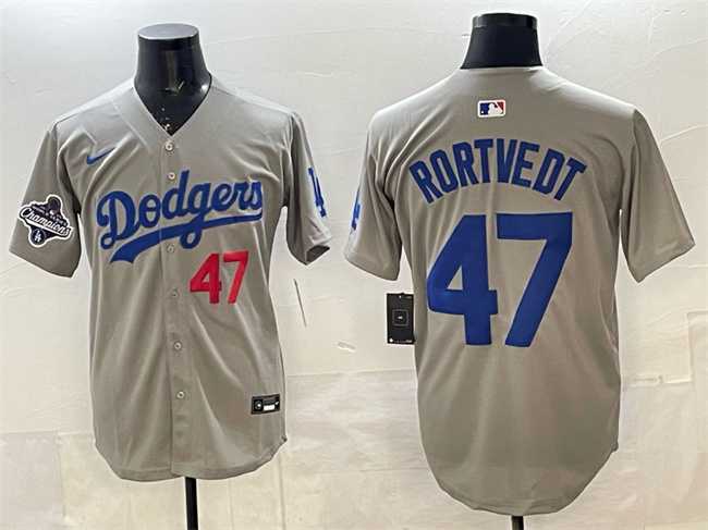Mens Los Angeles Dodgers #47 Ben Rortvedt Gray 2025 World Series Champions Patch Limited Stitched Jersey