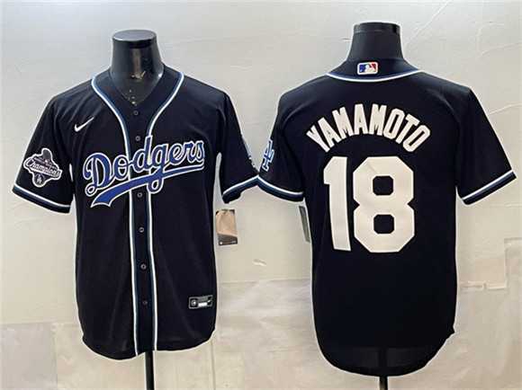 Mens Los Angeles Dodgers #18 Yoshinobu Yamamoto Black 2025 World Series Champions Patch Cool Base Stitched Jersey