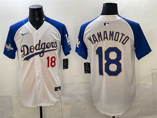 Mens Los Angeles Dodgers #18 Yoshinobu Yamamoto White Royal 2025 World Series Patch Limited Stitched Jersey