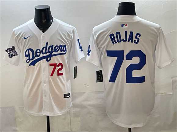 Mens Los Angeles Dodgers #72 Miguel Rojas White 2025 World Series Champions Patch Limited Stitched Jersey