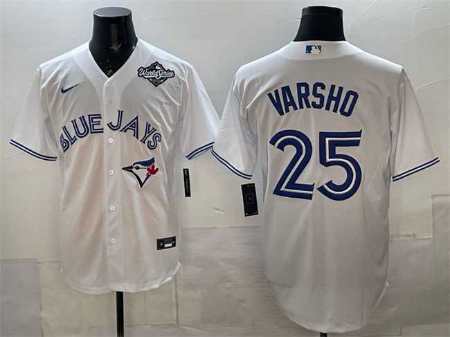 Mens Toronto Blue Jays #25 Daulton Varsho White 2025 World Series Home Cool Base Stitched Jersey