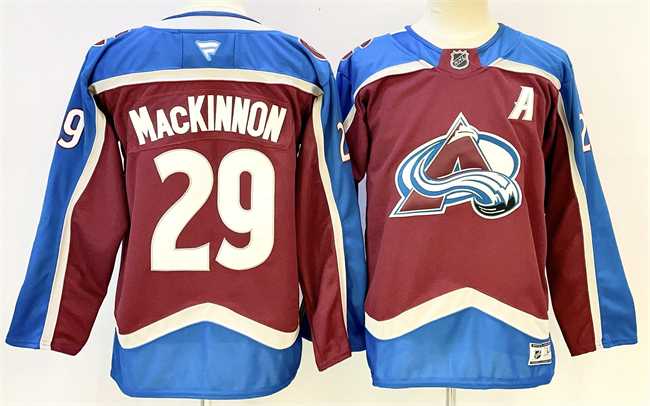 Mens Colorado Avalanche #29 Nathan MacKinnon Burgundy 2024-25 With A Patch Stitched Jersey