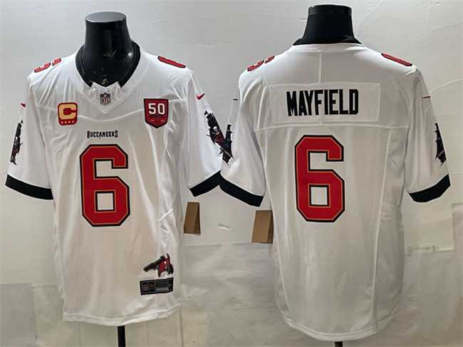 Mens Tampa Bay Buccaneers #6 Baker Mayfield White F.U.S.E. 50th Season & 4-Star C Patch Vapor Limited Stitched Jersey
