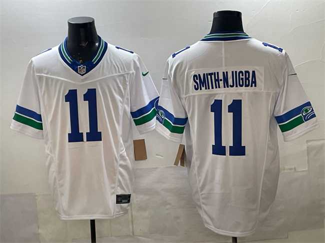 Mens Seattle Seahawks #11 Jaxon Smith-Njigba White F.U.S.E. Vapor Throwback Limited Stitched Jersey