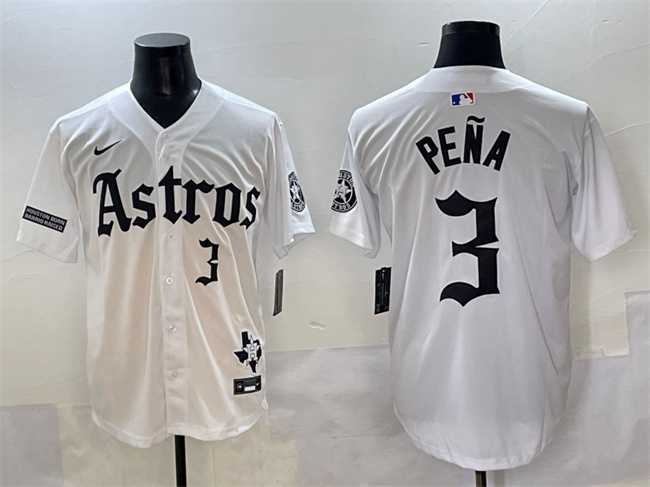 Mens Houston Astros #3 Jeremy Pena White Gothic Houston Born Barrio Raised Limited Stitched Baseball Jersey