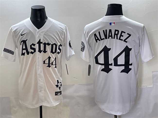 Mens Houston Astros #44 Yordan Alvarez White Gothic Houston Born Barrio Raised Limited Stitched Baseball Jersey