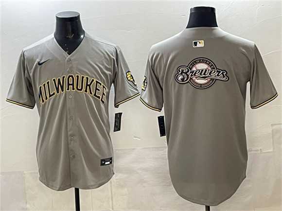 Mens Milwaukee Brewers Team Big Logo Gray Home Limited Stitched Jersey