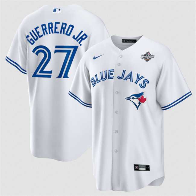 Mens Toronto Blue Jays #27 Vladimir Guerrero Jr. White 2025 World Series Home Cool Base Stitched Jersey Dzhi