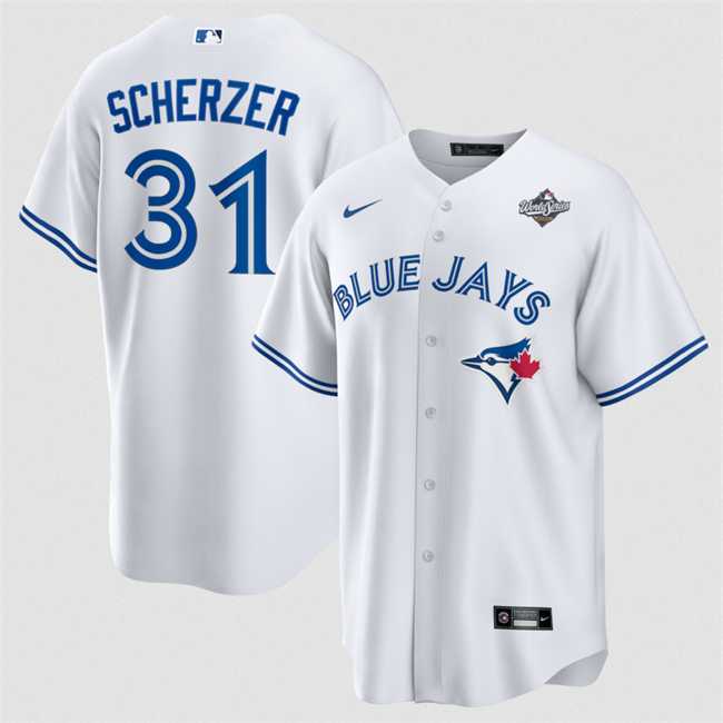 Mens Toronto Blue Jays #31 Max Scherzer White 2025 World Series Home Cool Base Stitched Jersey Dzhi